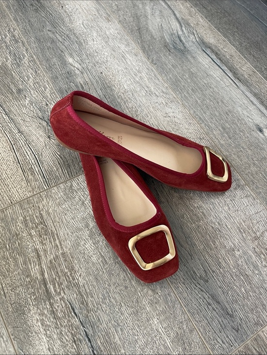 Avellini Shoes - Red Suede Square-Toe Flats with Gold Buckle Accent